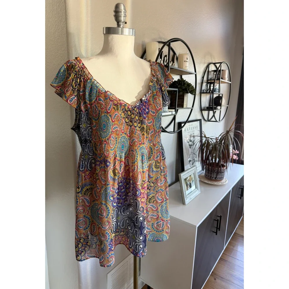 Women's Paisley Blouse Smocked Flutter Sleeve Baby Doll Top Boho Fairy Milk Maid - Picture 3 of 8